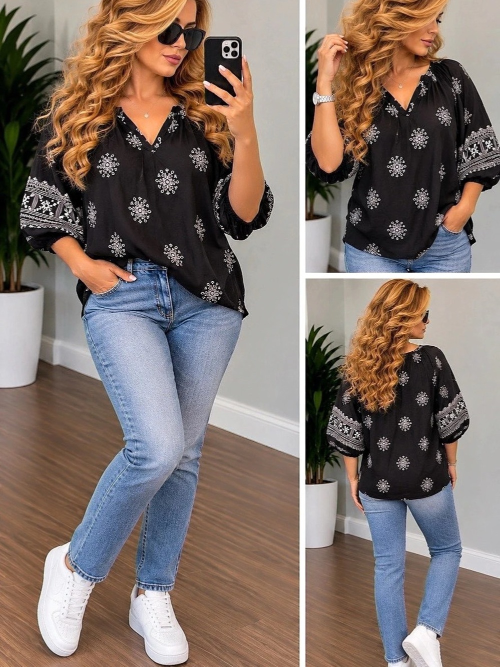Black & White Embroidered Boho Blouse – 3X – 100% Viscose